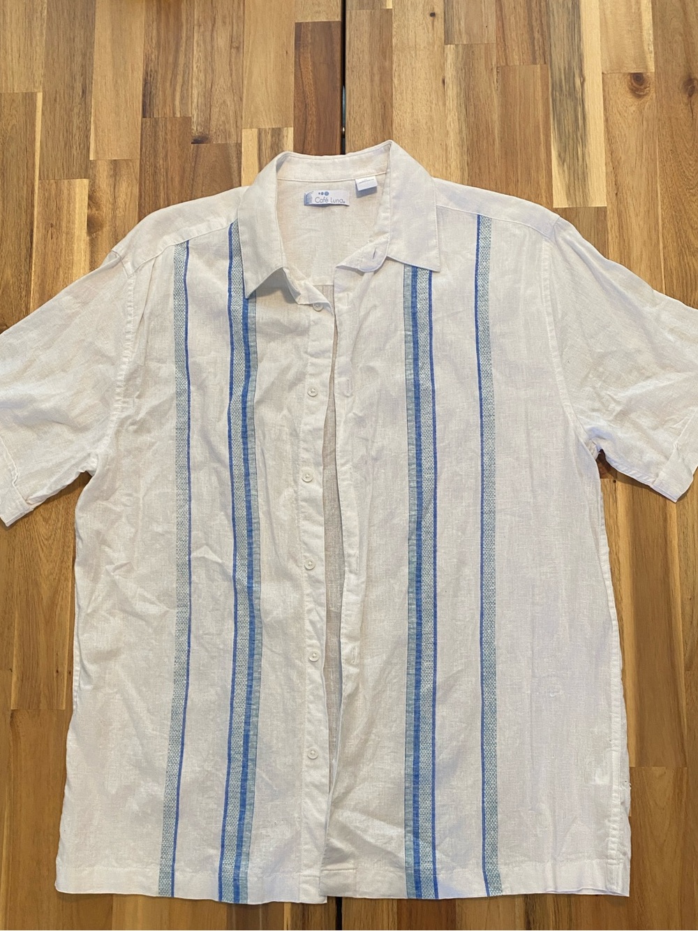 Men's White Short-Sleeve Button-Down Shirt with Blue Vertical Stripes